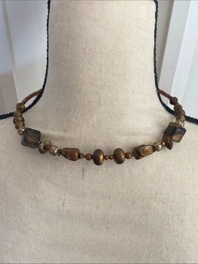 Vintage Brown choker style Bead Necklace with Gold Accents